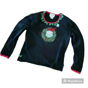 Christmas Sweater Beaded Santa Holly and Jingle Bells Shoulder Pads Size Medium